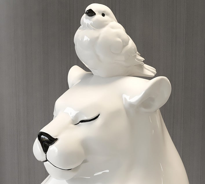 Luxury Giant Bear Floor Sculpture with Bird – White Ceramic Large Statement Piece, Contemporary Animal Art for Entryway & Living Room