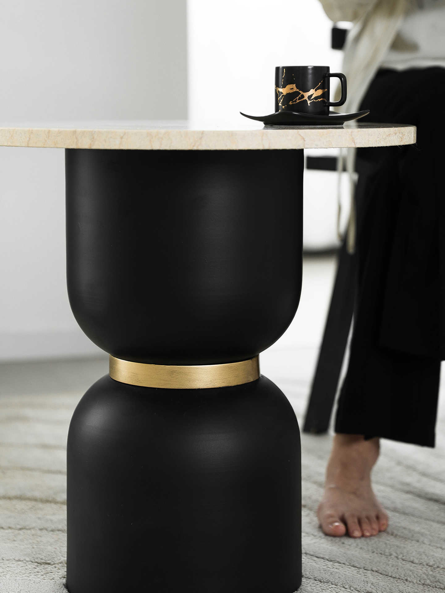 Modern Marble Side Table, Round Beige Stone & Black Gold Metal Accent Table for Living Room, Sofa & Bedroom