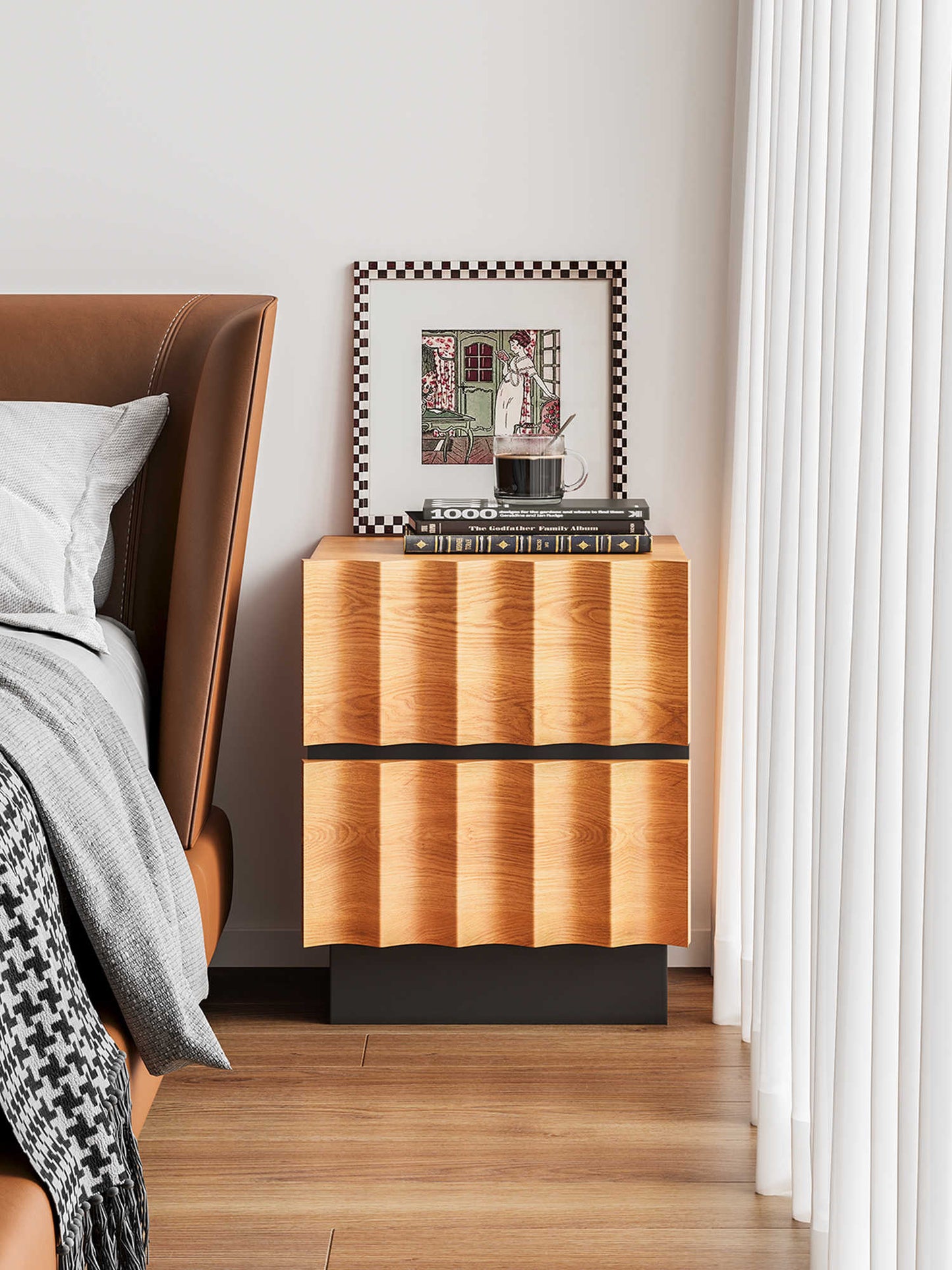 Modern Wave Pattern Solid Wood Nightstand – Two-Drawer Bedside Table with Black Accents, Contemporary Storage Cabinet for Bedroom and Living Room