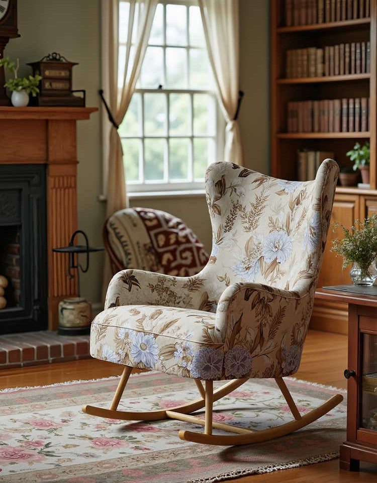 Vintage Designer Solid Wood Floral Rocking Chair – Retro Lounge Armchair for Living Room, Bedroom and Leisure Space