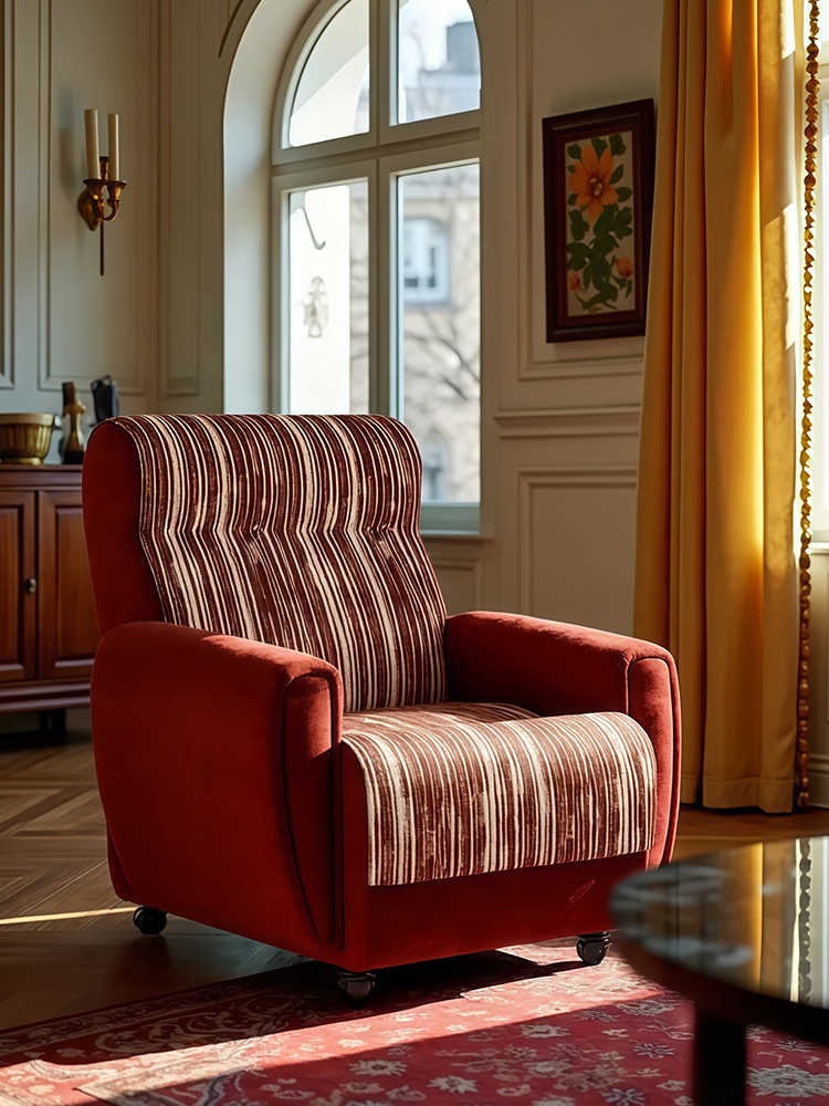 Vintage High-Back Rolling Chenille Lounge Chair – Retro Striped Accent Armchair, Lazy Single Recliner for Living Room & Bedroom