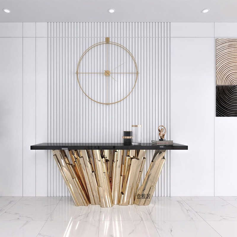 Designer Sculptural Console Table – Luxury Gold Brass Base with Black Top, Contemporary Geometric Art Entry Table for Modern Entryways