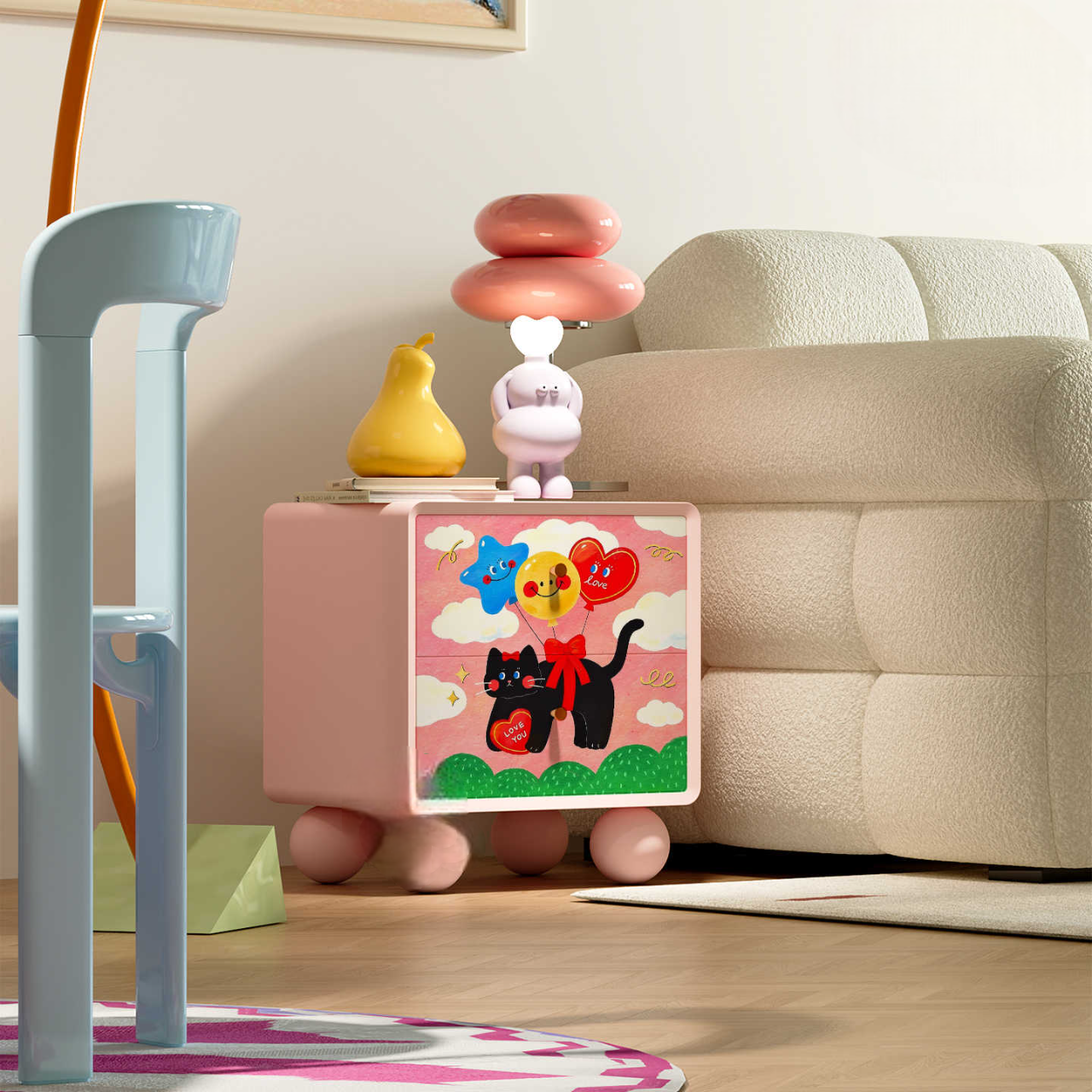 Cartoon Kids Nightstand Pink, Dopamine-Inspired Bedside Storage Cabinet with Drawers, Solid Wood Accent for Bedroom & Nursery