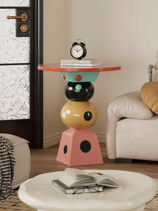 Colorful Stacked Side Table – Modern Memphis Style Geometric Accent Table, Playful Multi-Color Shapes for Bright Living Room Design