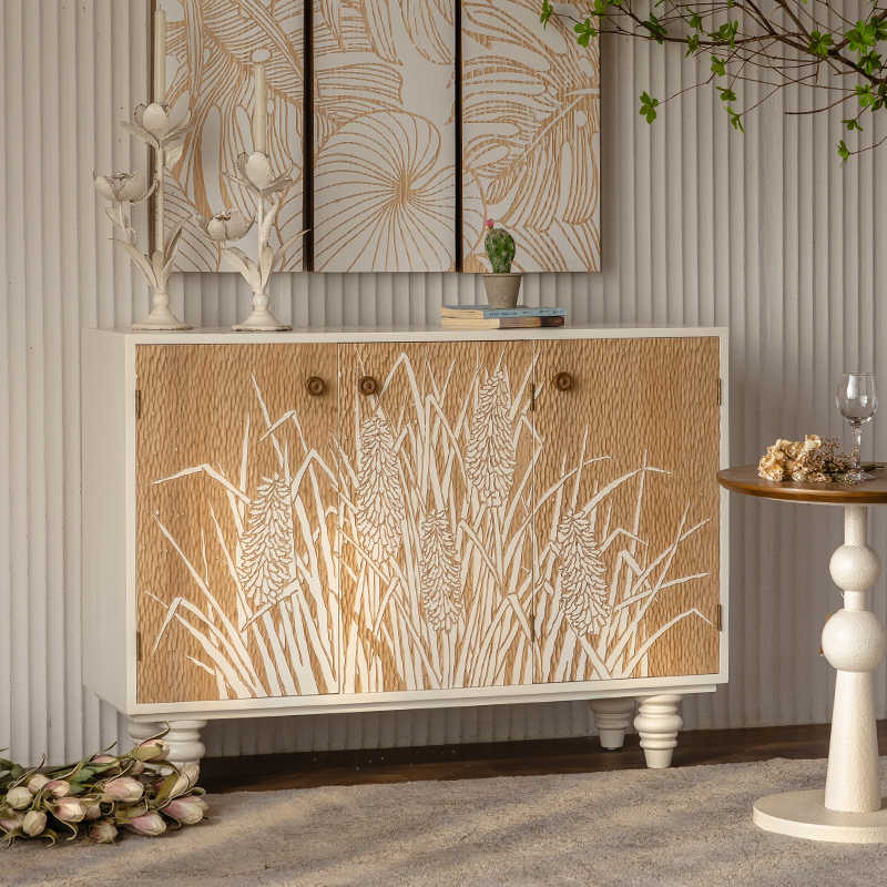 Wabi-Sabi Vintage Carved Wheat Field Console Cabinet, French Style Entryway Sideboard with Hand-Carved Botanical Panels, Small Space Storage Buffet,