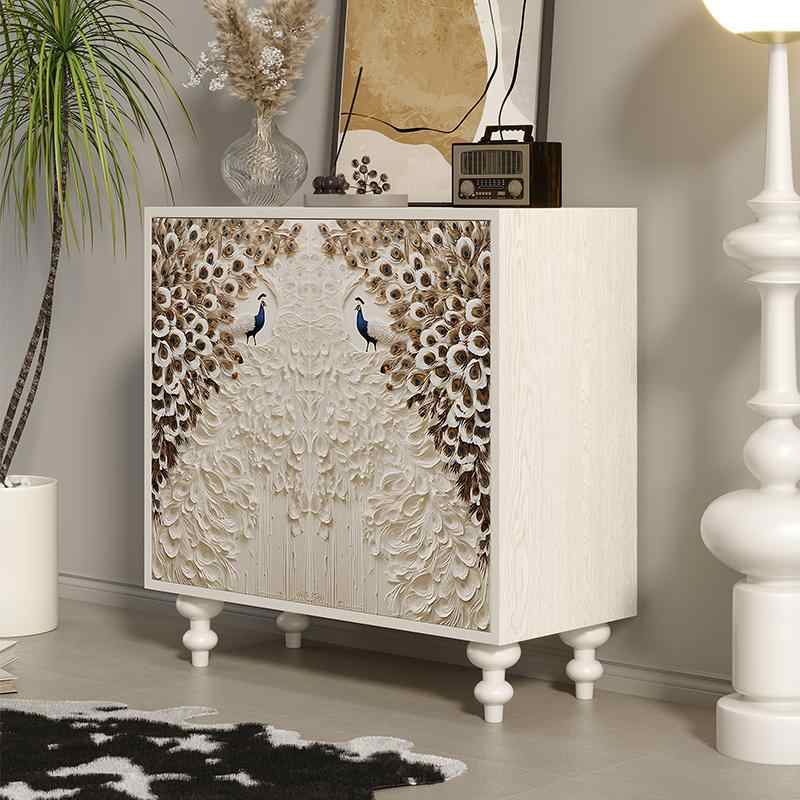 Luxury Peacock Art Painted Entryway Cabinet, Handcrafted Solid Wood Sideboard in Cream White for Living Room or Foyer