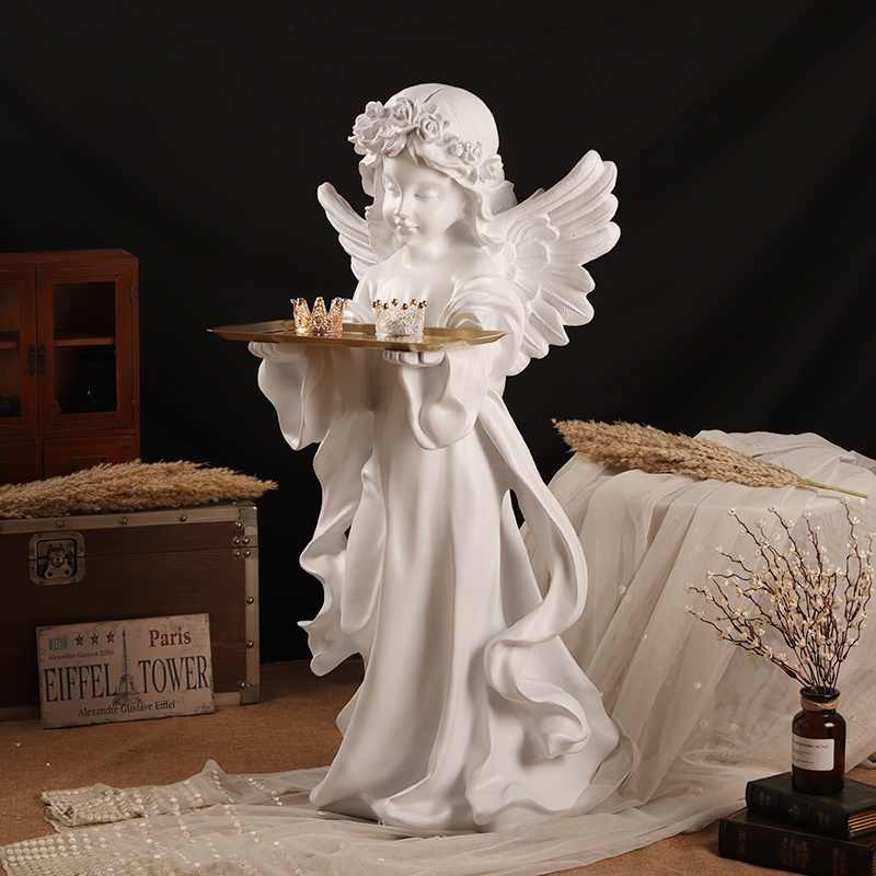 Alice Angel Tray Sculpture – Luxury White Resin Decorative Statue, Entryway Living Room Accent, TV Cabinet Organizer