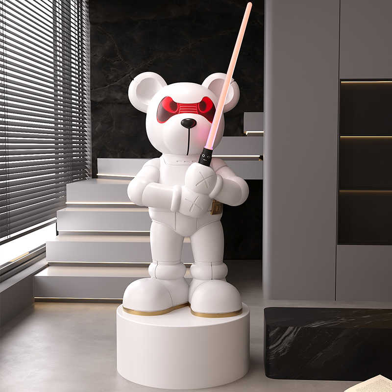 Large Mechanical Bear Floor Sculpture with LED Sword, Modern Tech Decor Statue for Living Room, Hallway, TV Cabinet, Office