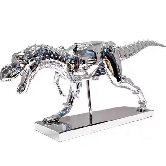 Chrome Mechanical T-Rex Dinosaur Sculpture – Futuristic Resin Art Figurine with Electroplated Finish for Modern Living Room Decor
