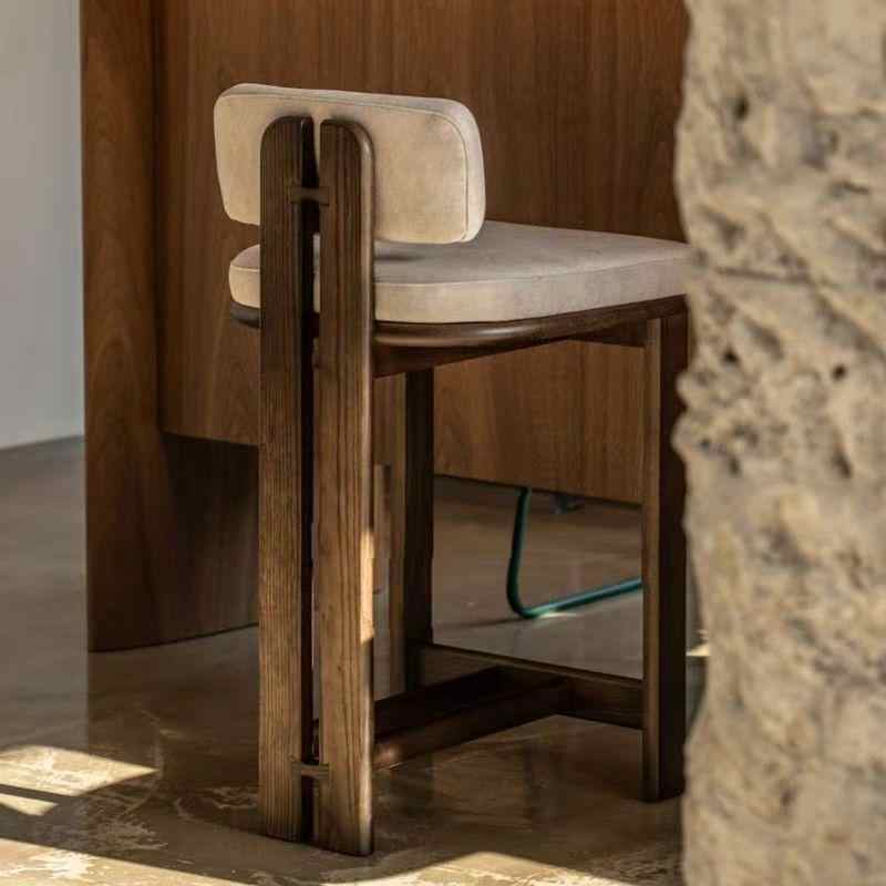 French Cream Style Bar Stool – Designer Solid Wood High Counter Chair, Mid-Century Modern Upholstered Kitchen Island Stool with Backrest