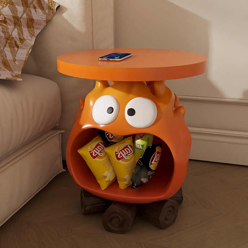 Creative Monster Side Table with Wheels – Quirky Orange Character Mobile Accent Table, Fun Kids Room Storage Furniture, Playful Living Room Décor