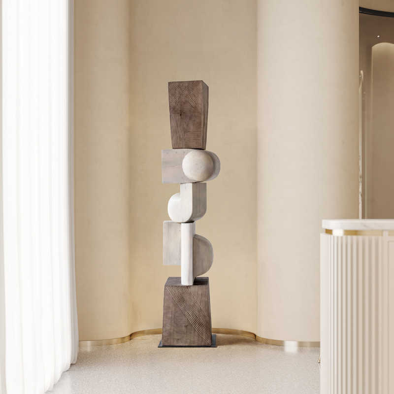 Large Abstract Solid Wood Sculpture, Modern Art Decorative Floor Piece for Hotel Lobby, Reception, Staircase, or Boutique Residence