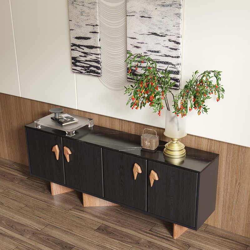 Solid Wood Sideboard, Designer Black Buffet with Unique Handles, Modern Entryway/Villa Storage Cabinet
