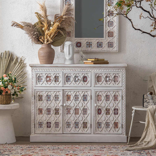 Farmhouse Entryway Cabinet with Moroccan Tile Pattern – Vintage American Country Style Storage Console Table, Multi-Compartment Sideboard for Living Room, Dining Room, Entryway