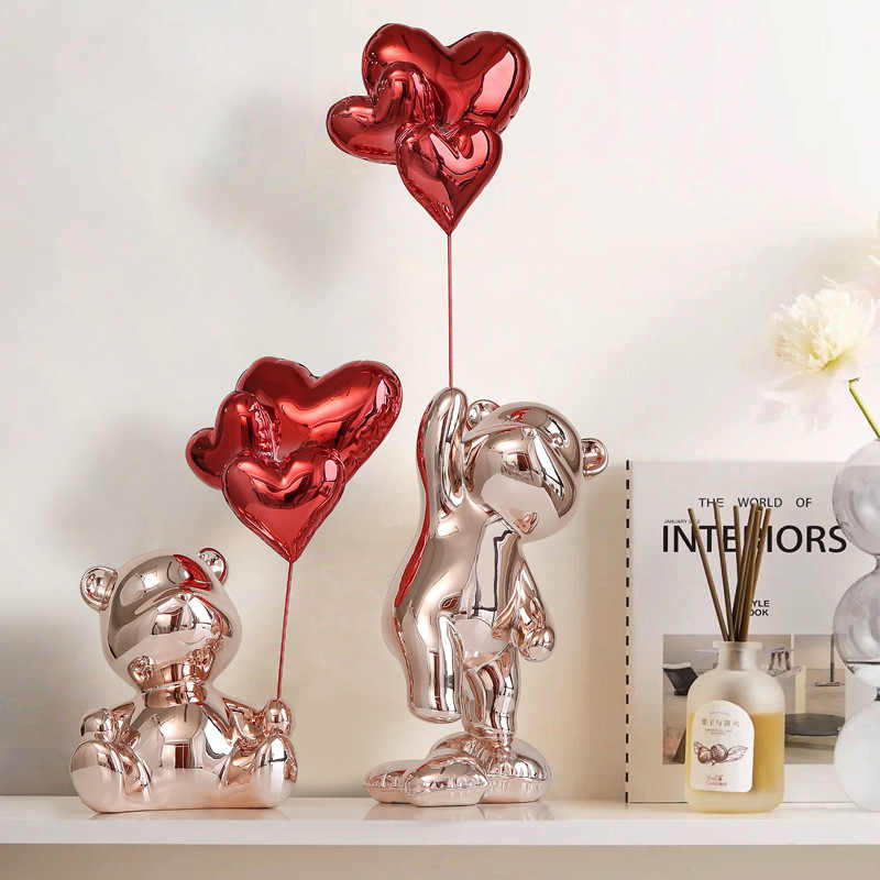 Chrome Teddy Bear with Heart Balloons Sculpture, Electroplated Bear Figurine for TV Cabinet, Living Room & Wine Cabinet Decor, Modern Luxury Accent