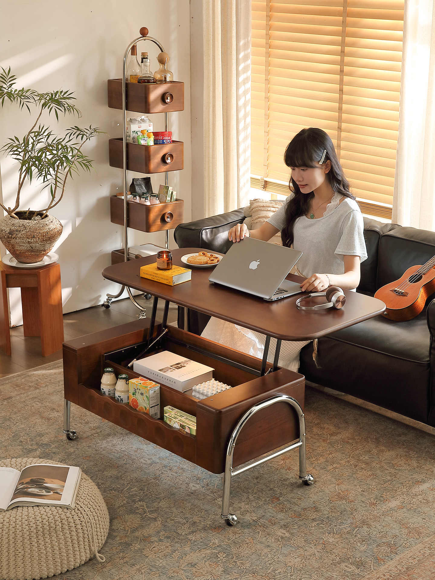 Retro Solid Wood Lift Top Coffee Table – Rolling Storage Cabinet & Adjustable Sofa End Table for Living Room