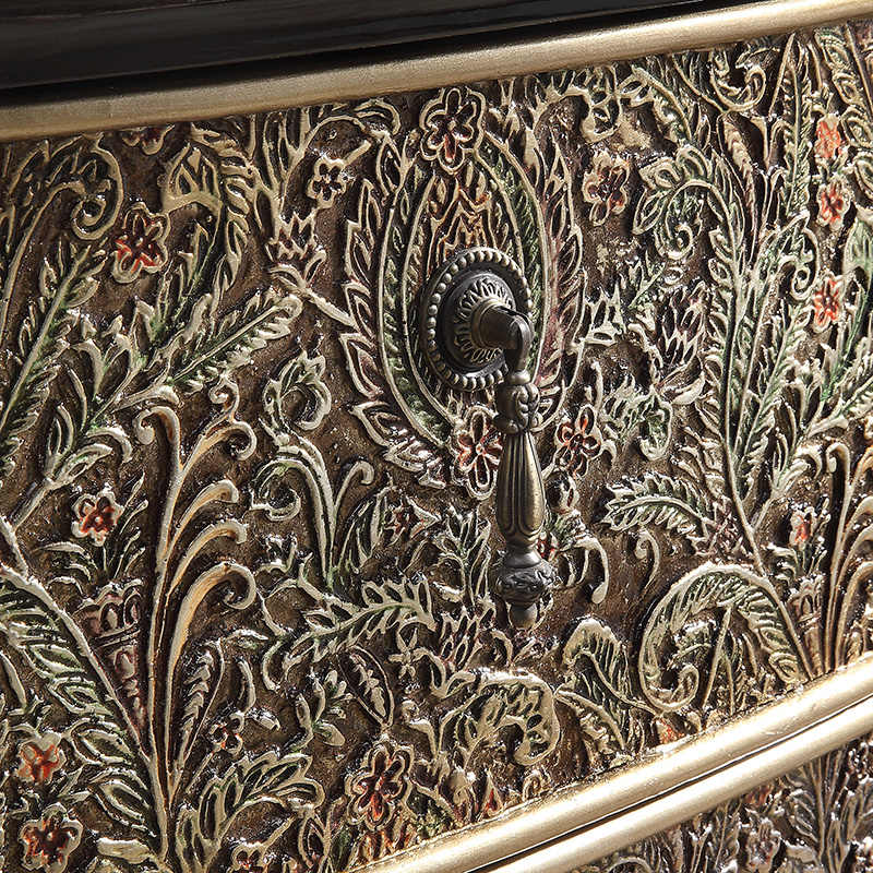 European Luxury Embossed Metal Console Cabinet with Ornate Relief Panels, Solid Wood Entryway Storage Sideboard with Curved Legs, Villa-Style Dining Room Bar Cabinet