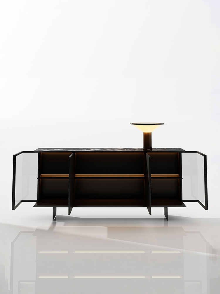 Minimalist Luxury Glass Display Sideboard – Modern Marble Accent Storage Buffet for Villa, Entryway, Living Room