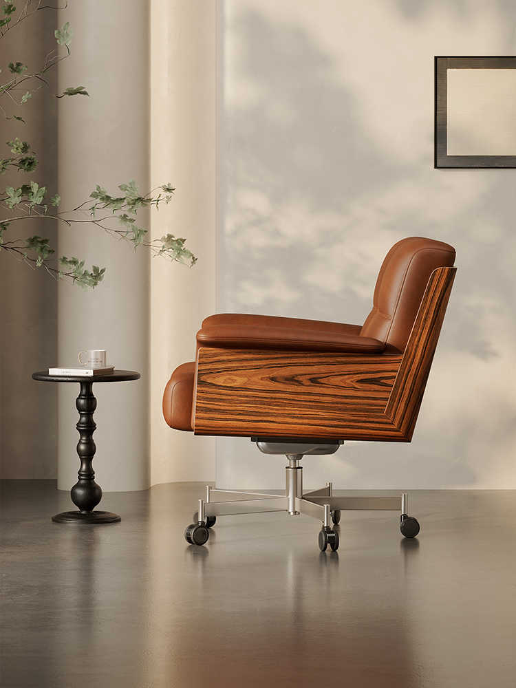Designer Oil Wax Leather Lounge Chair, Daiki Style, Luxury Single Sofa, High-End Recliner with Wood Veneer, Modern Bedroom & Living Room Accent