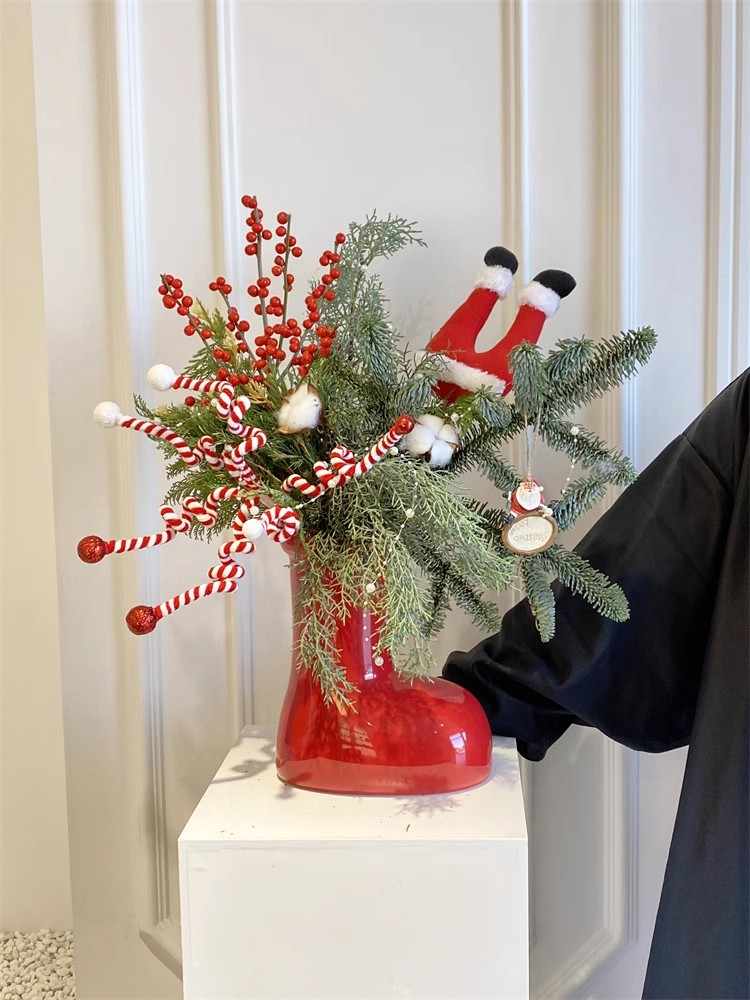 Christmas Red Boot Ceramic Vase – Unique Holiday Decorative Flower Vessel, Creative Home Accent for Seasonal Arrangements