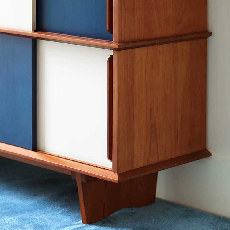Mid-Century Danish Retro Two-Tone Sideboard – Modern Blue and White Storage Cabinet, Solid Wood Vintage Credenza with Sliding Doors, Designer Dining Room Buffet