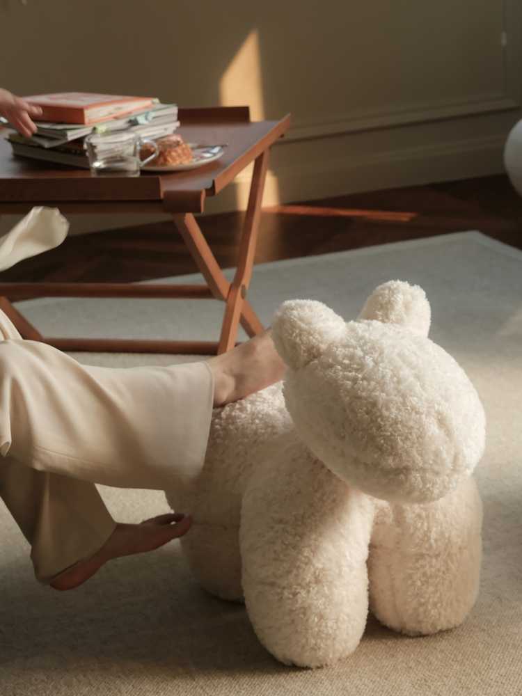 Rona Vintage Pony Chair Ottoman, Cream White Faux Lamb Wool Teddy Bear Footstool, Mid-Century Lounge Chair Accent Piece