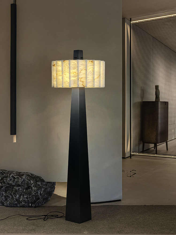 Natural Snowflake Stone & Black Brushed Stainless Steel Designer Floor Lamp, Luxury Villa/Model Room/Living Room/Study