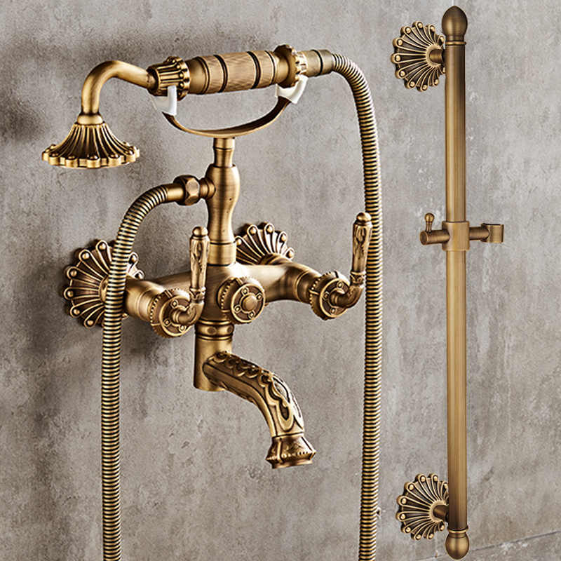Vintage Brass Wall Mount Shower Faucet Set, Antique Telephone-Style Bathtub Mixer with Handheld Sprayer, Two-Handle Water Valve, Deluxe Long Handle