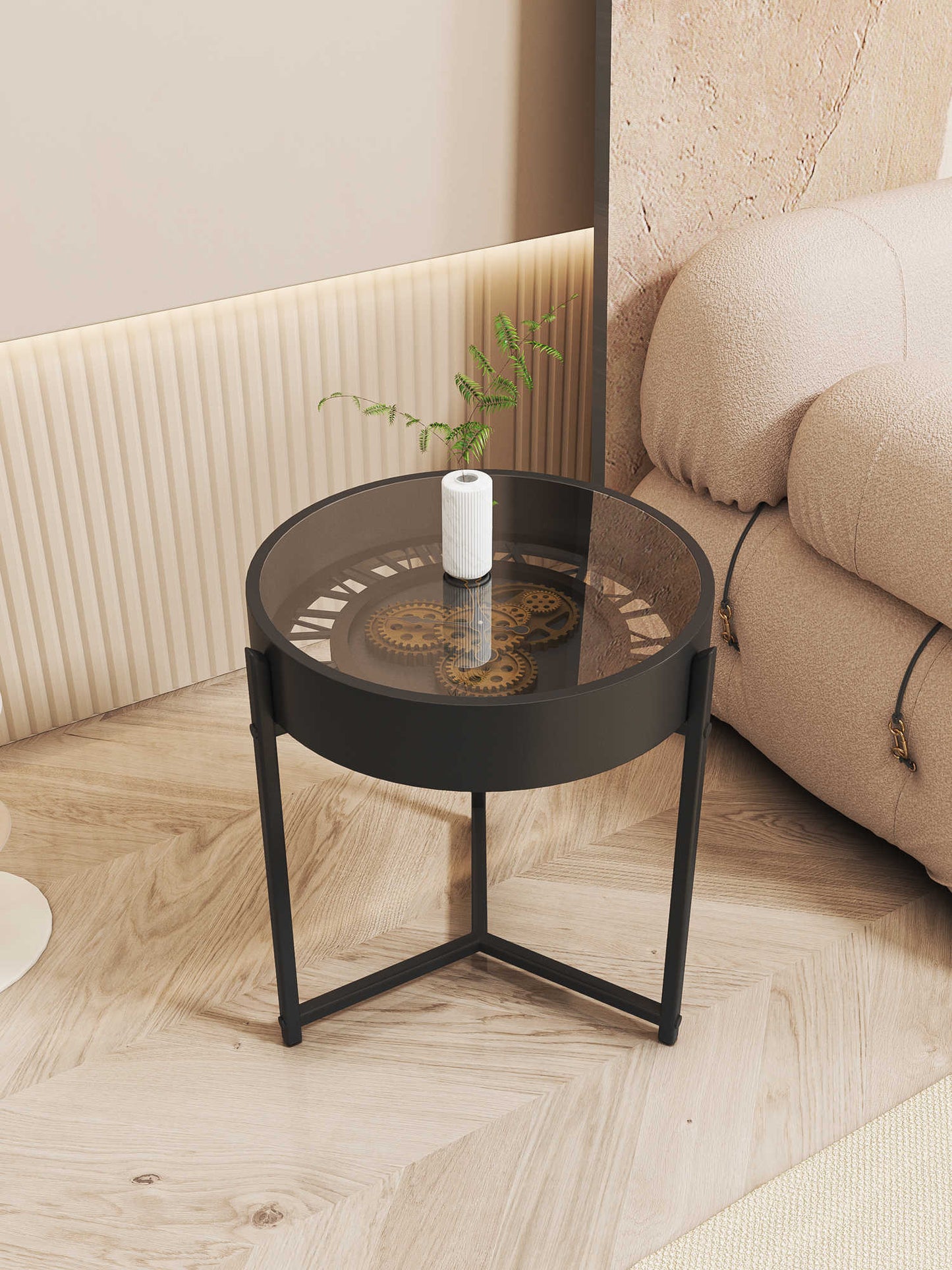 Vintage Gear Clock Side Table, Nordic Luxury Industrial Style Round Glass Coffee Table for Small Spaces, Black