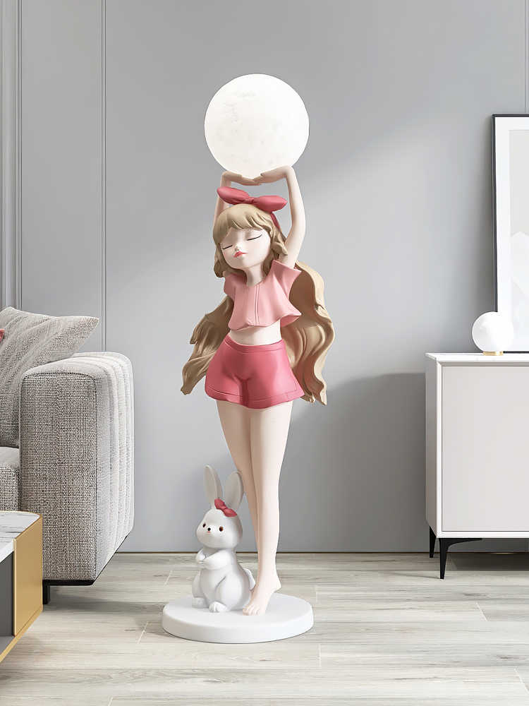 Large Girl and Bunny Moon Floor Lamp – Pink Resin Sculpture for Living Room, Sofa Side, Foyer, or New Home Gift