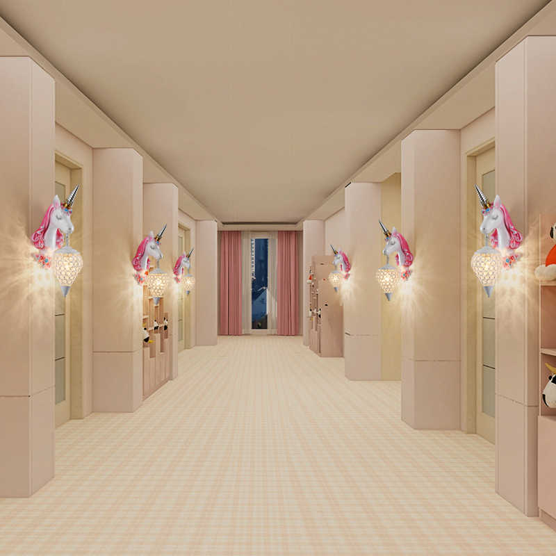 Creative Kids’ Room Unicorn Wall Lamp, Modern Rechargeable Unicorn Wall Sconce, Pink Base, Gold Crystal Shade, Bedside/Entry/Hallway/Decorative Accent Light