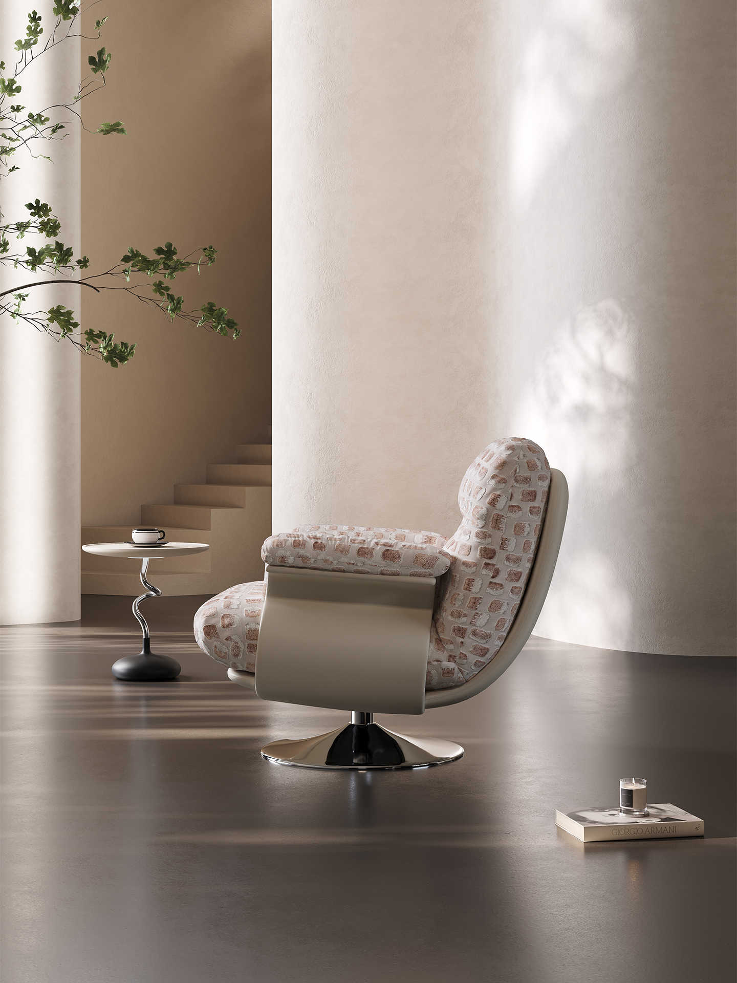 Creative Gradient Cut Velvet Designer Chair – Nordic Contemporary Single Seat with Sculptural Shell & Chrome Swivel Base