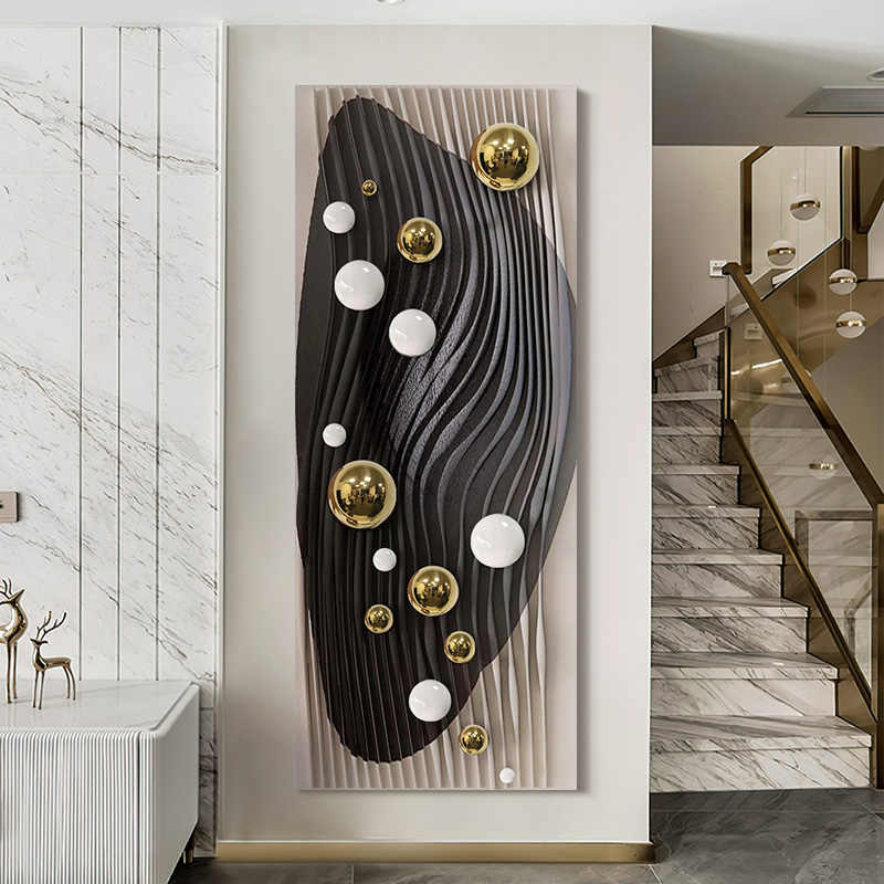 Modern Luxury 3D Wall Art with Gold Metal Spheres, Handmade Relief Sandstone Mural for Entryway or Sample Room, Unframed Creative Decor
