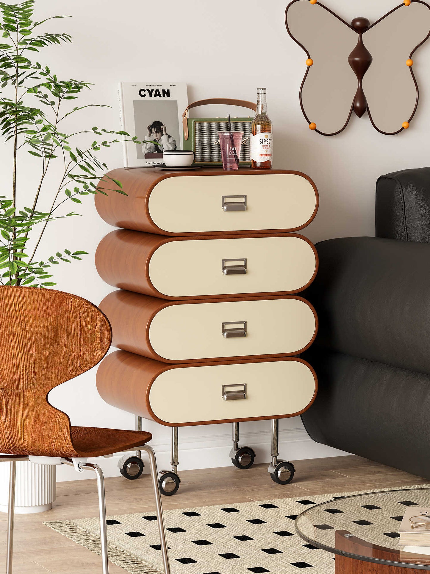 French Cream Oval Chest with Casters – Modern Mobile 4-Drawer Storage Cabinet, Two-Tone Walnut and White Accent Dresser for Small Spaces