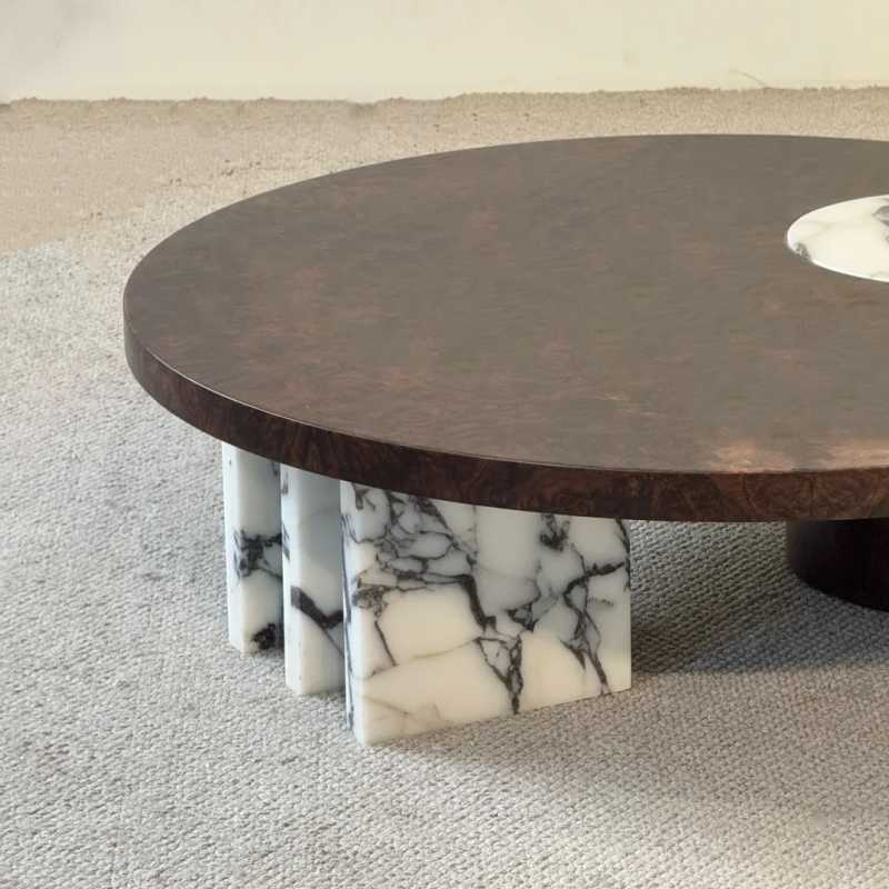 Modern Minimalist Round Coffee Table – High-End Marble Inlay, Artistic Geometry, Compact Luxury Tea Table for Living Room or Apartment