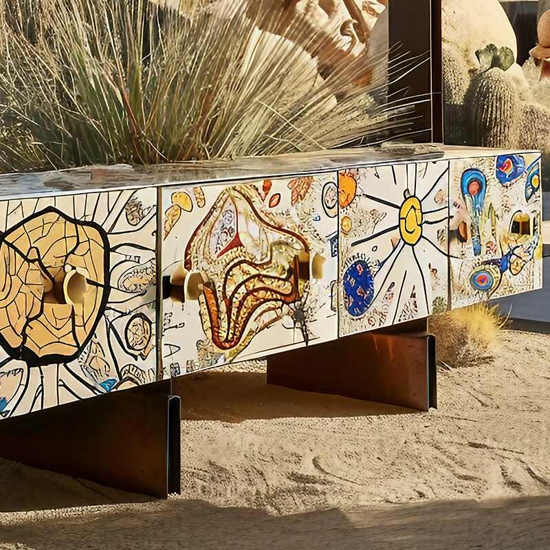 Designer Collab Pop Art Painted TV Stand, Artistic Storage Sideboard for Living Room, Bold Original Multi-Color Media Cabinet