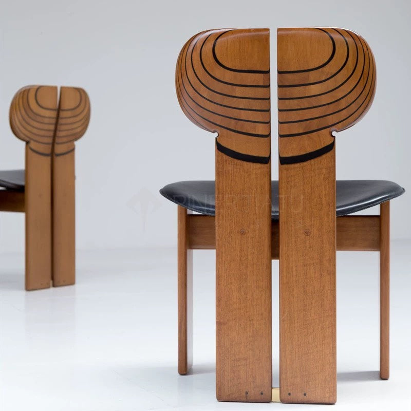 African-Inspired Solid Wood Dining Chair – Sculptural Backrest Design with Leather Seat, Contemporary Luxury Chair for Dining Room, Restaurant, Modern Home