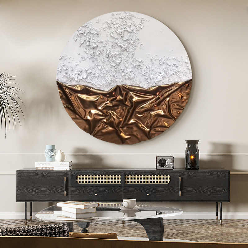 Modern Luxury Round Leather 3D Wall Art, Handcrafted White & Gold Abstract Texture Panel, Frameless Living Room & Entryway Decorative Sculpture