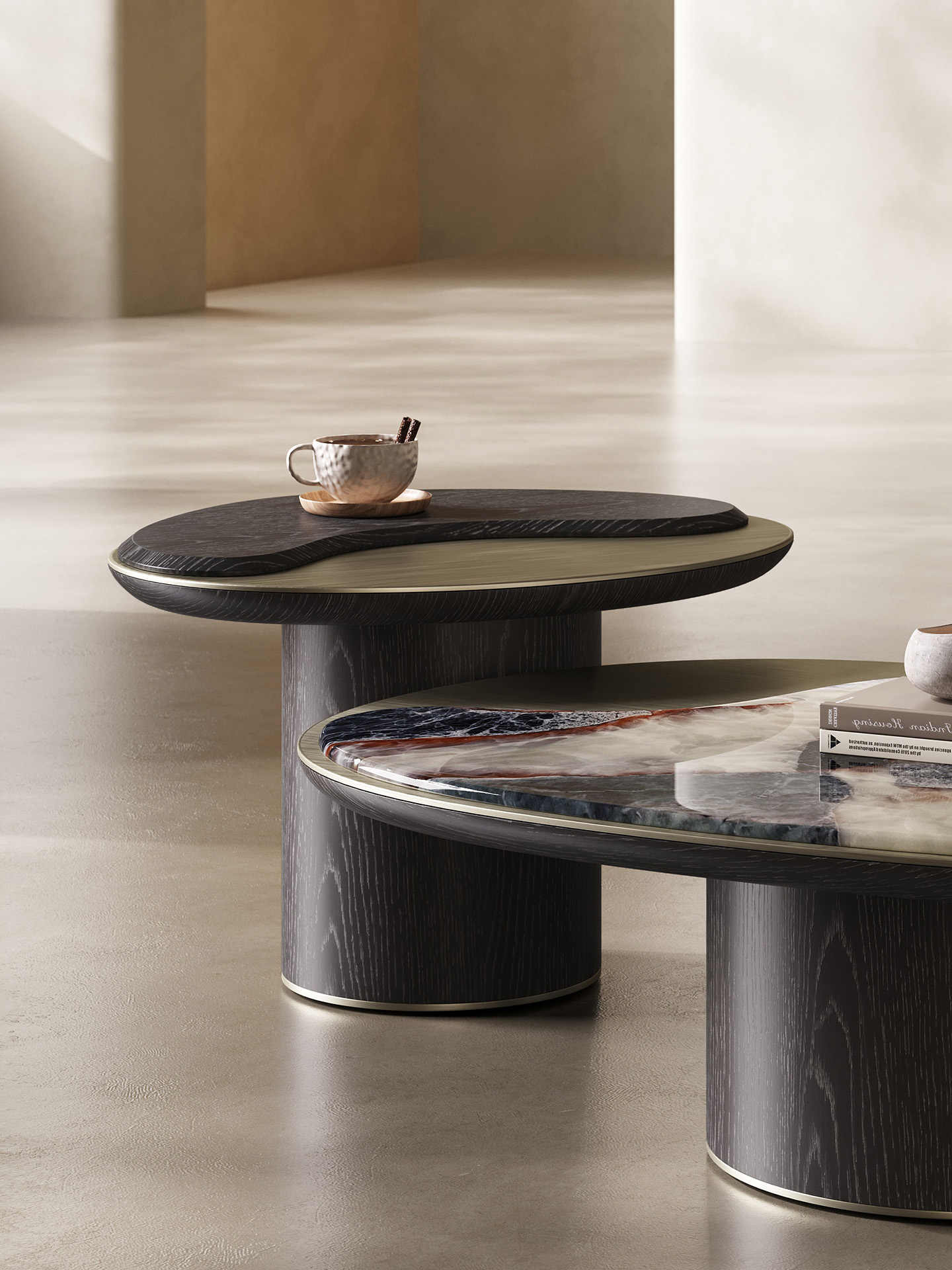 Luxury Modern Coffee Table Set, Minimalist Marble & Wood Grain Design for Small Spaces, Contemporary Living Room Furniture