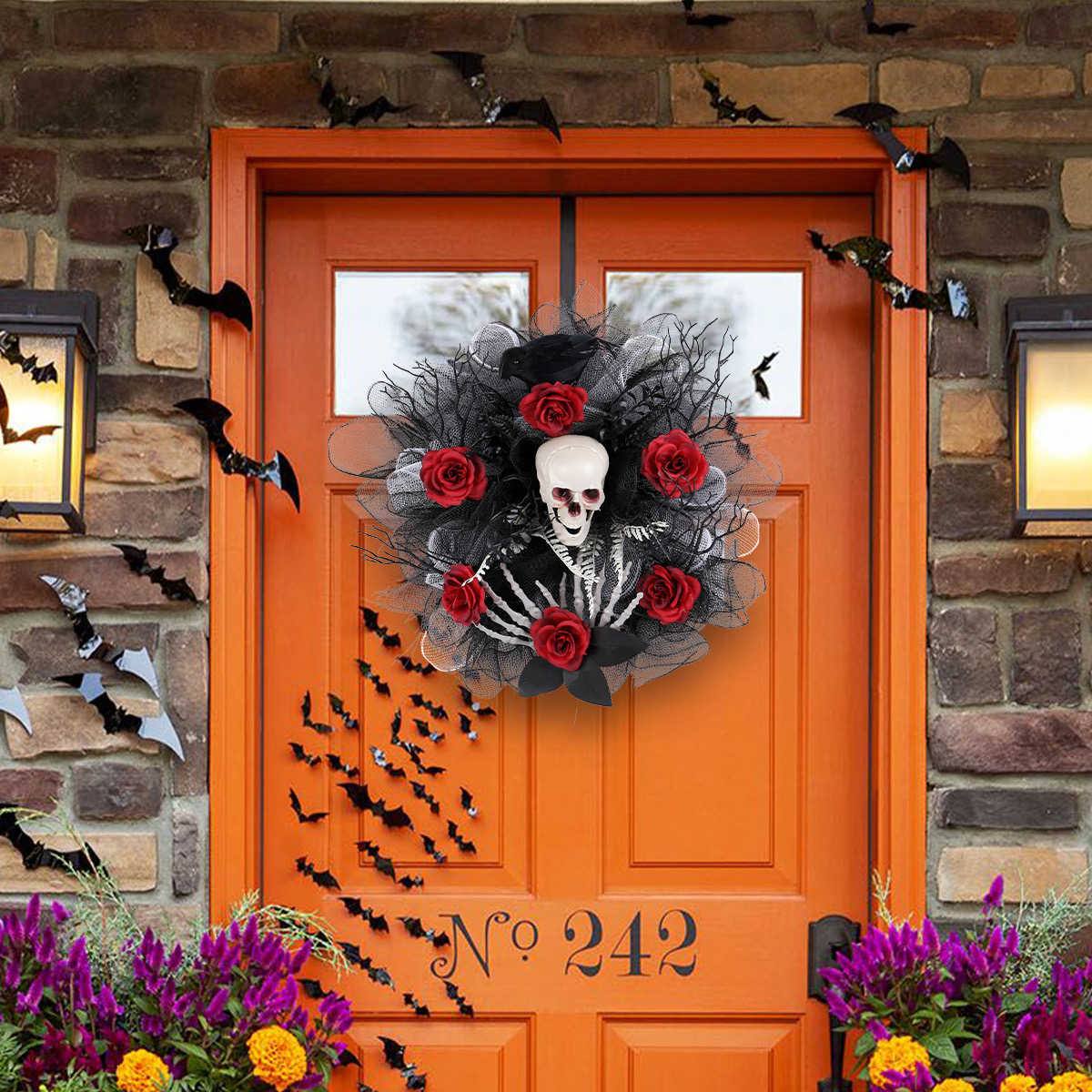 Spooky Halloween Skull Wreath with Red Roses – Creepy Skeleton Door Decoration for Haunted House, Bar, Escape Room, Horror Scene Props