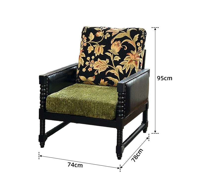 Vintage Solid Wood Leisure Chair – Jacquard Floral Designer Single Sofa, Living Room/Balcony/Small Apartment