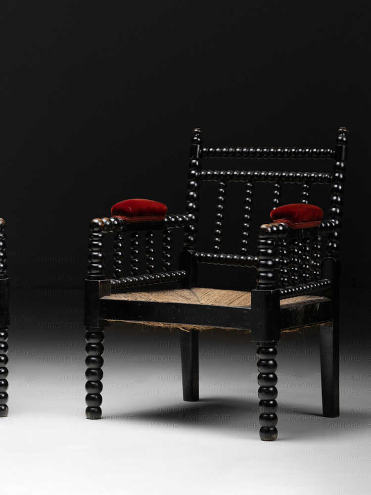 French Vintage Ebonized Bobbin Armchair with Rush Seat, Louis XVI Style Turned Spindle Chair with Red Velvet Cushions