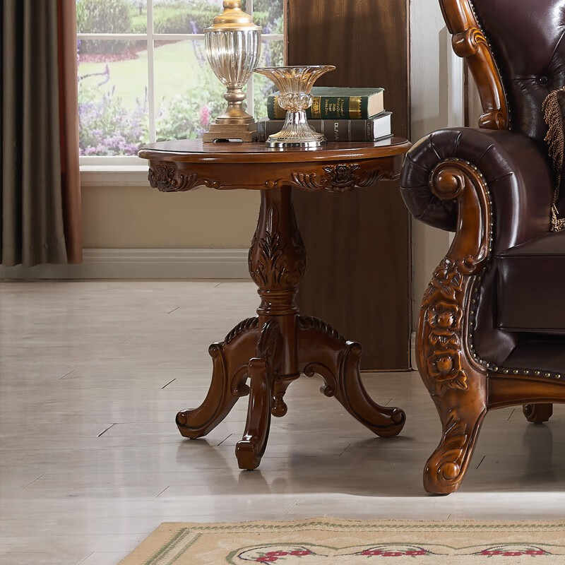 Classic American Solid Wood Round Side Table – Hand-Carved Pedestal Accent Table with Rose Detail, Victorian Style End Table for Living Room