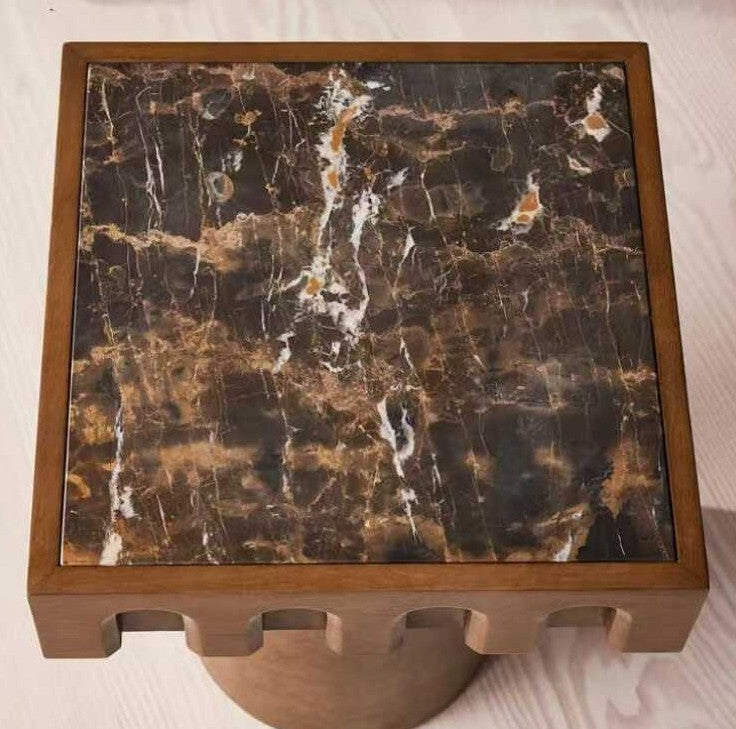 Vintage Solid Wood Burl Marble Side Table, Retro Accent End Table, Designer Small Coffee Table for Hotel, B&B, Living Room