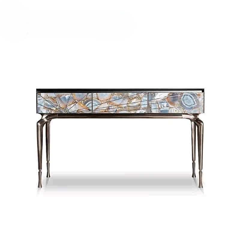 Luxury Designer Entryway Console Table, High-End Villa Foyer Table with Stainless Steel & Natural Agate
