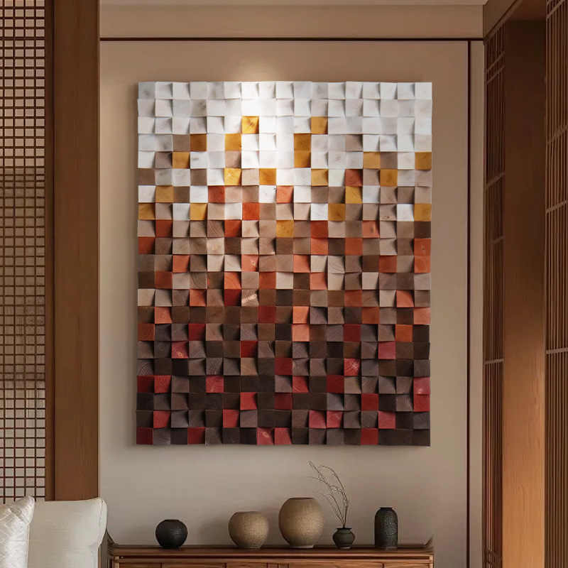 Modern Gradient 3D Solid Wood Mosaic Wall Art Panel, Handcrafted Pine Decorative Sculpture for Entryway, Living Room, Hotel—Unframed