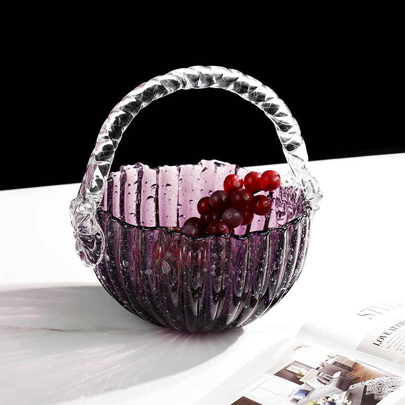 Creative Purple Bubble Glass Fruit Basket with Handle, Luxury Ribbed Crystal Serving Bowl for Living Room Storage, Decorative Art Craft Piece