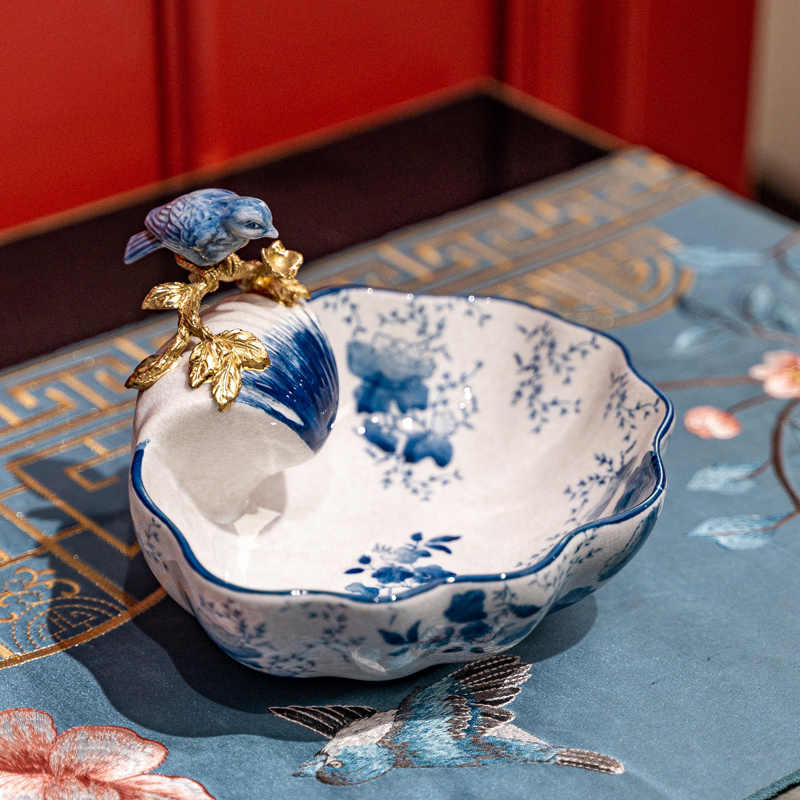 Blue and White Bird Porcelain Brass Fruit Bowl, Floral Snack Dish Candy Bowl for Living Room, Coffee Table and Gift Decor