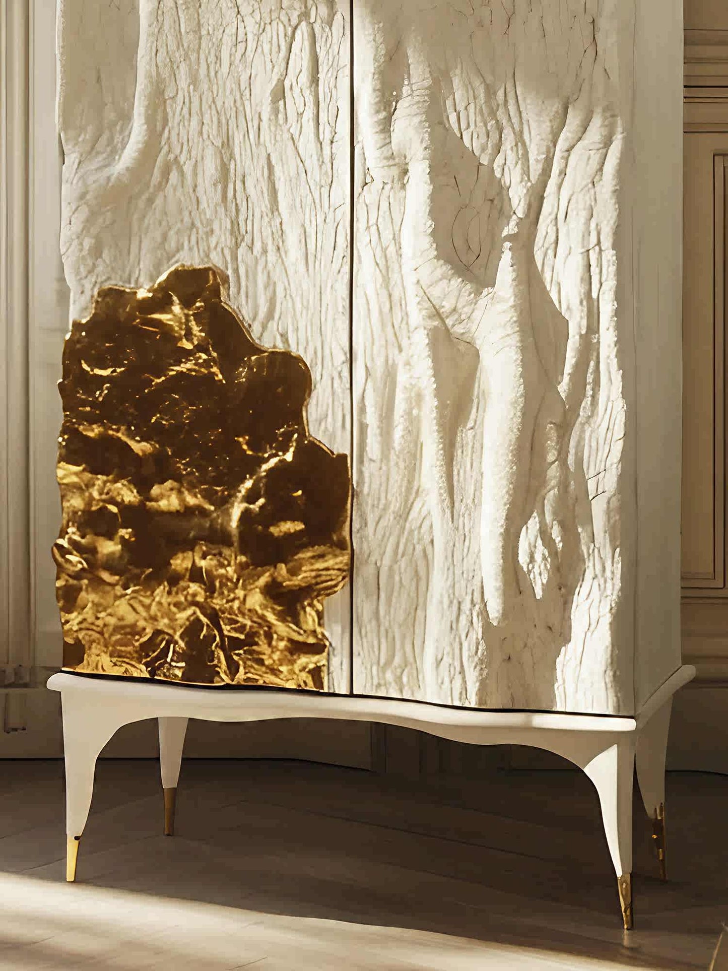 Designer Art Cabinet with Textured Relief Panels & Gold Leaf Accents, Luxury Villa Storage Sideboard with Sculptural Base
