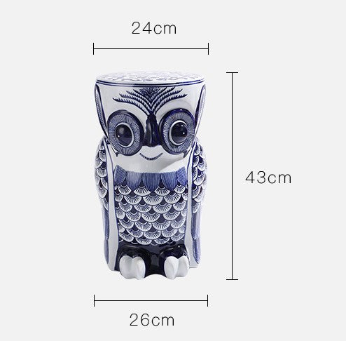 Blue and White Porcelain Owl Garden Stool, Traditional Asian Ceramic Multi-Purpose Stool, Decorative Side Table for Living Room & Entryway